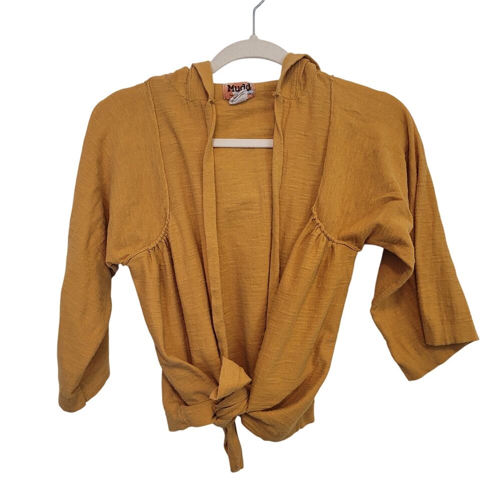 Mudd Mustard Yellow Hooded Wrap Sweater XL Tie Front Boho Y2K Layering